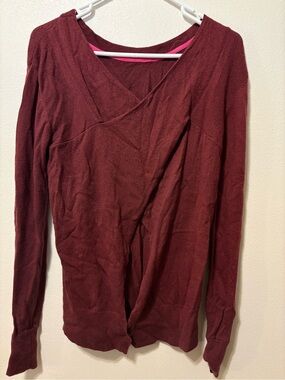Women's Burgundy Crossover V-Neck Sweater with open front.